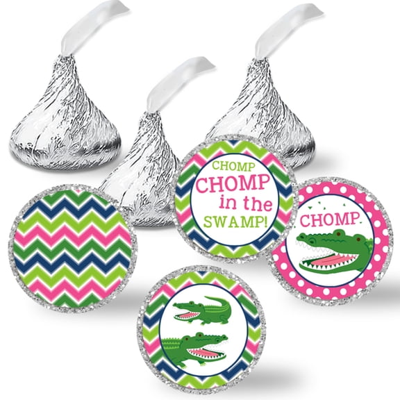 Pink See You Later Alligator Birthday Chocolate Kiss Stickers 324 Count, 0.75 Inch Round Party Candy Labels, 3 Sheets of Coordinating Designs, Made in USA by Amanda Creation