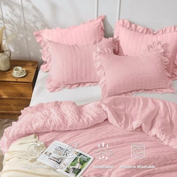 Pink Seersucker King Comforter Set, 3 Pieces Bed in a Bag Comforter Set, Lightweight & Fluffy Bedding Sets King for All Season with 1 Ruffle Comforter and 2 Ruffle Pillowshams