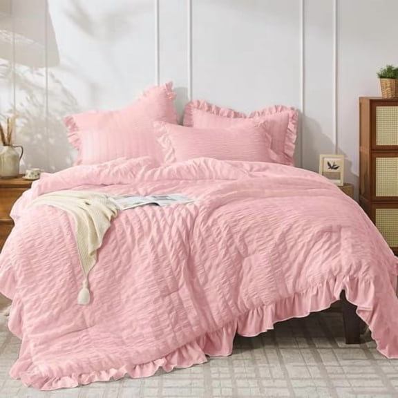 Pink Seersucker Queen Comforter Set, 3 Pieces Bed in a Bag Comforter Set, Lightweight & Fluffy Bedding Sets Queen for All Season with 1 Ruffle Comforter and 2 Ruffle Pillowshams