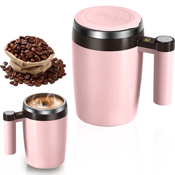 Pink Self-Stirring Coffee Mug with Digital Temperature Display, Automatic Stirring Electric Coffee Cup, Rechargeable Stainless Steel Mug with Lid for Coffee, Tea, Hot Chocolate