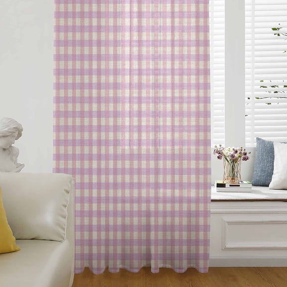 Pink Semi Sheer Curtains Drapes for Living Room, Bedroom, French Doors Window 45 Inches Long, Grid Checkered Plaid Gingham Lattice Trellis Rod Pocket Chiffon Curtain Drapery Voile Draperies Panel