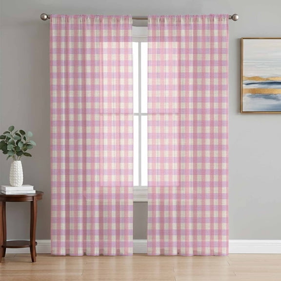 Pink Semi Sheer Window Curtains 108 Inches Long, Grid Checkered Plaid Gingham Lattice Trellis Rod Pocket Voile Chiffon Curtain Light Filtering Drapes for Living Room, Kitchen, 52"x108", 2 Panels