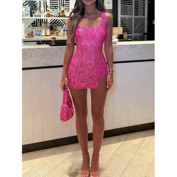 Pink Sequin Bodycon Mini Dress With Square Neckline And Side Split For Evening Parties