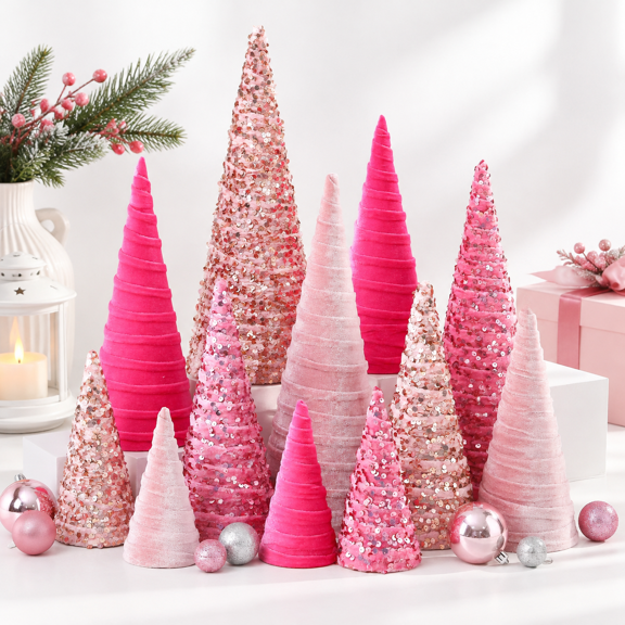 Pink Sequin Cone Trees Set Table Centerpieces, 12-Piece Holiday Decor for Christmas