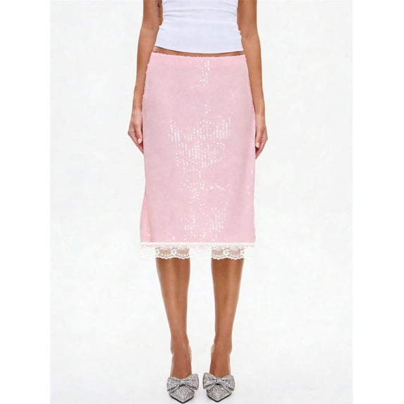 Pink Sequin Midi Skirt With Lace Trim A-Line Stretch Pencil Skirt