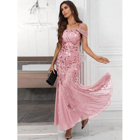 Pink Sequin Off-Shoulder Mermaid Evening Gown For Formal Party Prom