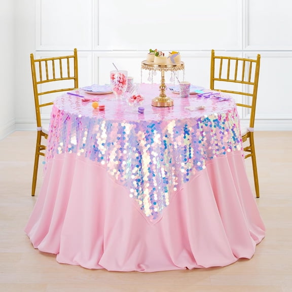 Pink Sequin Tablecloth  Party: Big Payette Glitter Iridescent Fabric - 51x106 Inch Rectangle for Girls Birthday Cake Table Decorations