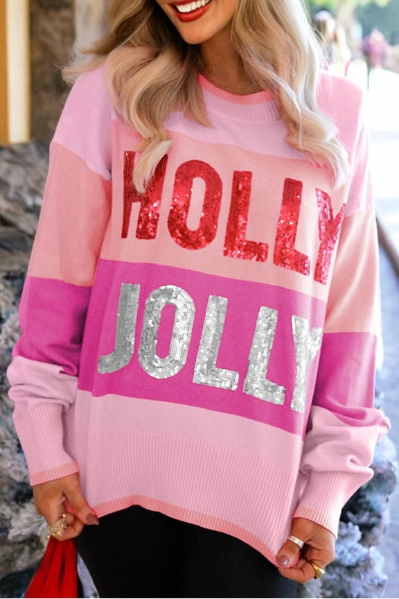 Pink Sequined HOLLY JOLLY Color Block Crew Neck Sweater