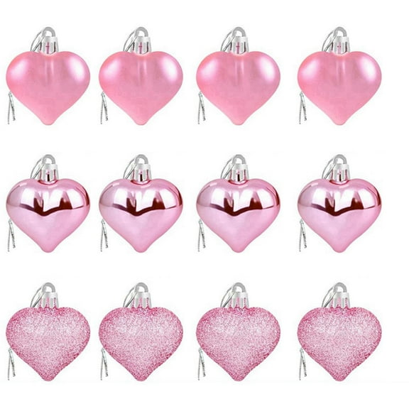 Pink Set Of 12 Pink Heart Shaped Ornaments For Valentine And Holiday Tree Decoration