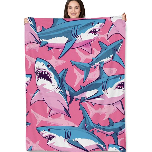 Pink Shark Blanket Gifts, Fun and Bold Blue Sharks Fleece Throw, Cozy and Soft Lightweight Blanket for Ocean and Animal Lovers, Ideal for Bedroom, Living Room 40x50 in,Decor