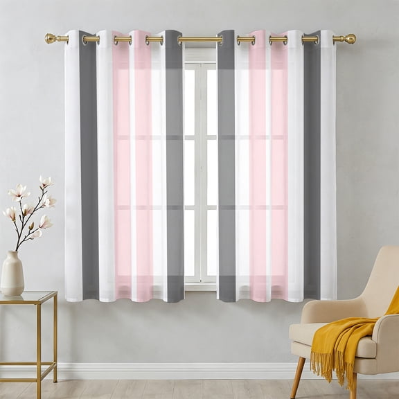Pink and Sheer Curtains 39 Inch Long 2 Panels, Grey Striped Rectangular Geometric Light Filtering Semi Sheer Drapes Grommet Voile Window Curtain for Living Bedroom W27.9 x L39