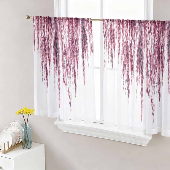 Pink Sheer Curtains 45 Inch Length 2 Panels Set, Summer Botanical Leaves Watercolor Voile Window Treatment Rod Pocket Small Kitchen Curtains Drapes for Bedroom 52"x45"x2