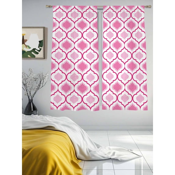 Pink Sheer Curtains 63 inches Long 2 Panels Set Morocco Geometric Abstract Tiers Sheers Rod Pocket Small Window Short Curtains for Kitchen Cafe, Each 52" W x 63" L