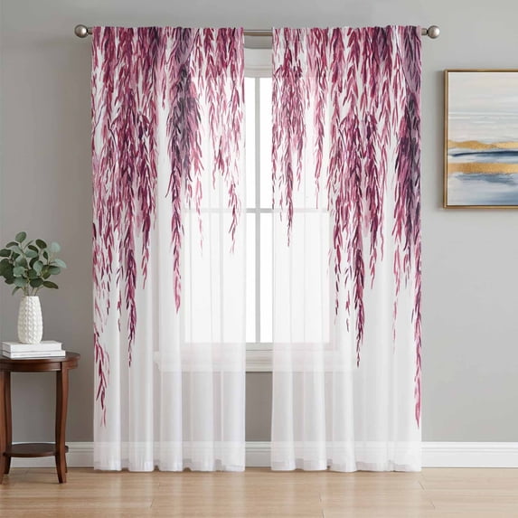 Pink Sheer Curtains 72 Inch Length 2 Panels Set, Summer Botanical Leaves Watercolor Voile Window Treatment Rod Pocket Curtains Sheers Drapes for Bedroom/Living Room/Kitchen 52"x72"x2