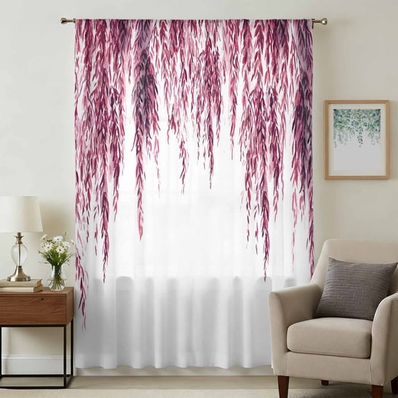 Pink Sheer Curtains 96 Inches Long, Summer Botanical Leaves Watercolor Light Filering Curtains, Privacy Drapes Simi Floor to Veiling Curtain for Living Room Bedroom Large Window Treatment