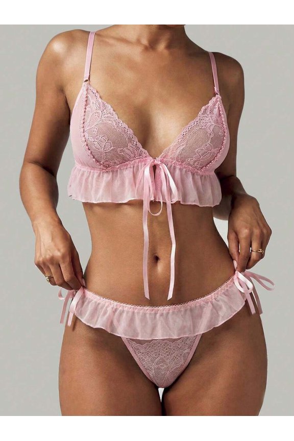 Pink Sheer Lace Bralette Set With Ruffle Trim And Tie Front