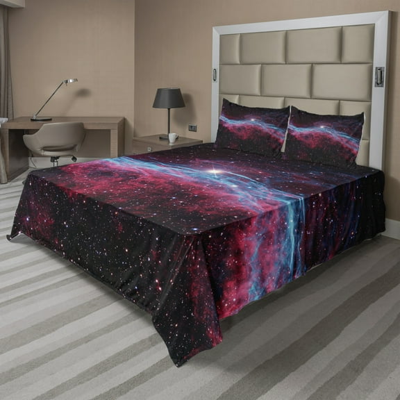 Ambesonne Nebula Fitted & Top Sheet Set with Shams, Outer Space Stars Galaxy, Magenta and Black