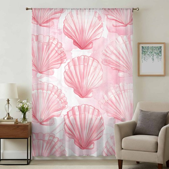Pink Shell Coastal Sheer Curtains 54 Inches Long, Nautical Ocean Summer Beach Sea Light Filering Curtains, Breathable Simi Curtain Privacy Drapes for Kitchen Bathroom Small Window Treatment