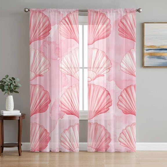 Pink Shell Coastal Sheer Curtains 63 Inch Length 2 Panels Set, Summer Beach Nautical Ocean Voile Window Treatment Rod Pocket Curtains Sheers Drapes for Bedroom/Living Room/Kitchen 52x"63"x2