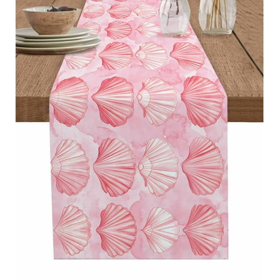 Pink Shell Coastal Table Runner Cotton Linen 36 Inch Holiday Dresser Scarves, Summer Beach Nautical Ocean Tablerunner for Kitchen Coffee Dining Bedroom Home Living Room Dinner Scarf Décor 13''x36''