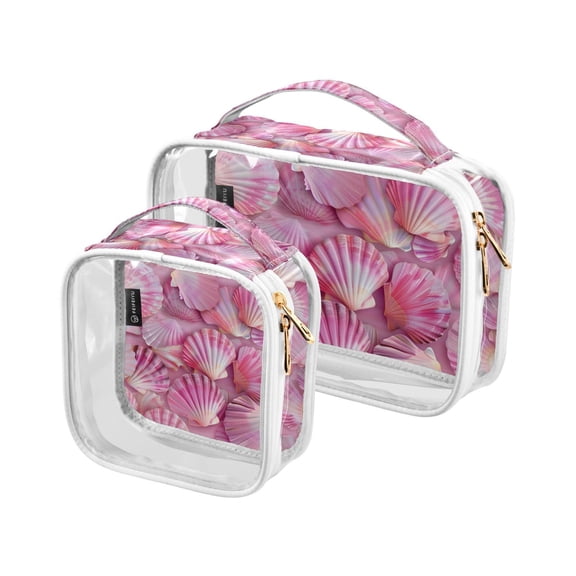 Pink Shells Clear Cosmetic Bags with Handles PVC Toiletry Bags Zipper Waterproof Portable for Traveling 2 Pcs