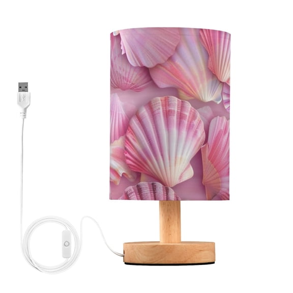 Pink Shells Table Lamp USB Bedside Desk Nightstand Lamp Printed Gifts Small Lamp Wood Base for Bedroom Living Room Kids Room College Dorm