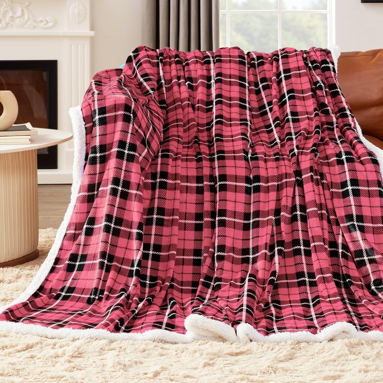 Sherpa Throw Blanket Reversible Navy Blue Plaid Checkered Boho