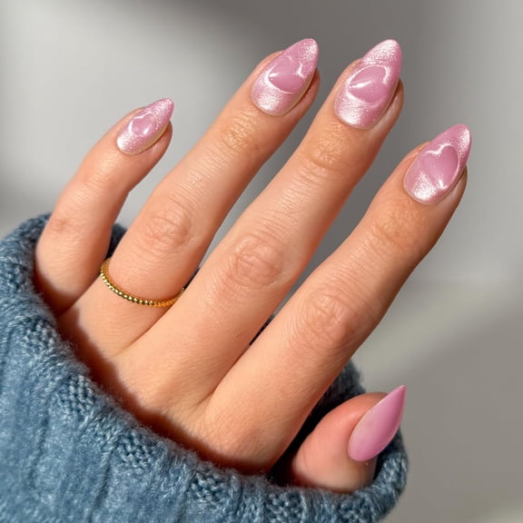 Pink Shimmer Press on Nails Medium Almond Fake Nails Pearl Cat Eye Finish Full Cover Adhesive Press Ons Glossy Acrylic False Nails Nail Tips for Soft Glam Daily Wear Home Manicure 24 Pcs