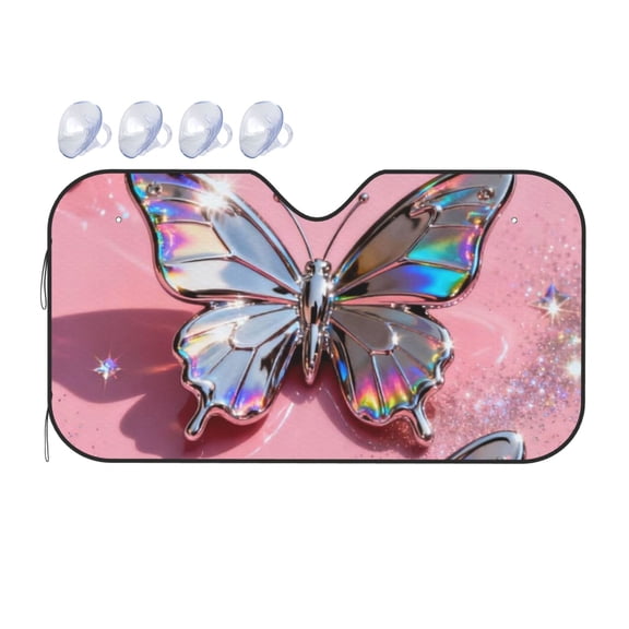Pink Shiny Butterfly Car Windshield Sun Shade, Foldable Front Window Sunshade Uv Block Heat Shield Reflective Sun Visor Protector For Car Truck Suv