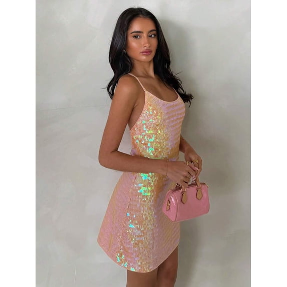 Pink Shiny Sequin Mini Dress With Spaghetti Straps, Backless Fit & Flare Silhouette For Parties And Events