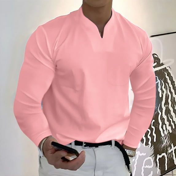 Pink Shirts Men Men Spring Spring &Winter Casual V Neck Solid Long Sleeve Tee Shirt Top Blouse
