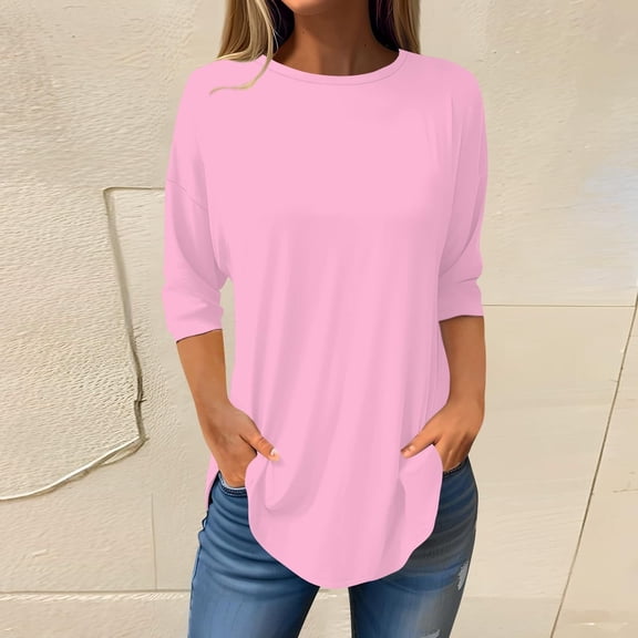 Pink Shirts for Women Plus Size, Polyester Womens Blouses Plus Size, 3/4 Sleeve Floral Plus Size Tops, Women'S Tops, Solid Color Weekend Solid Color T Shirt Plus Size Women