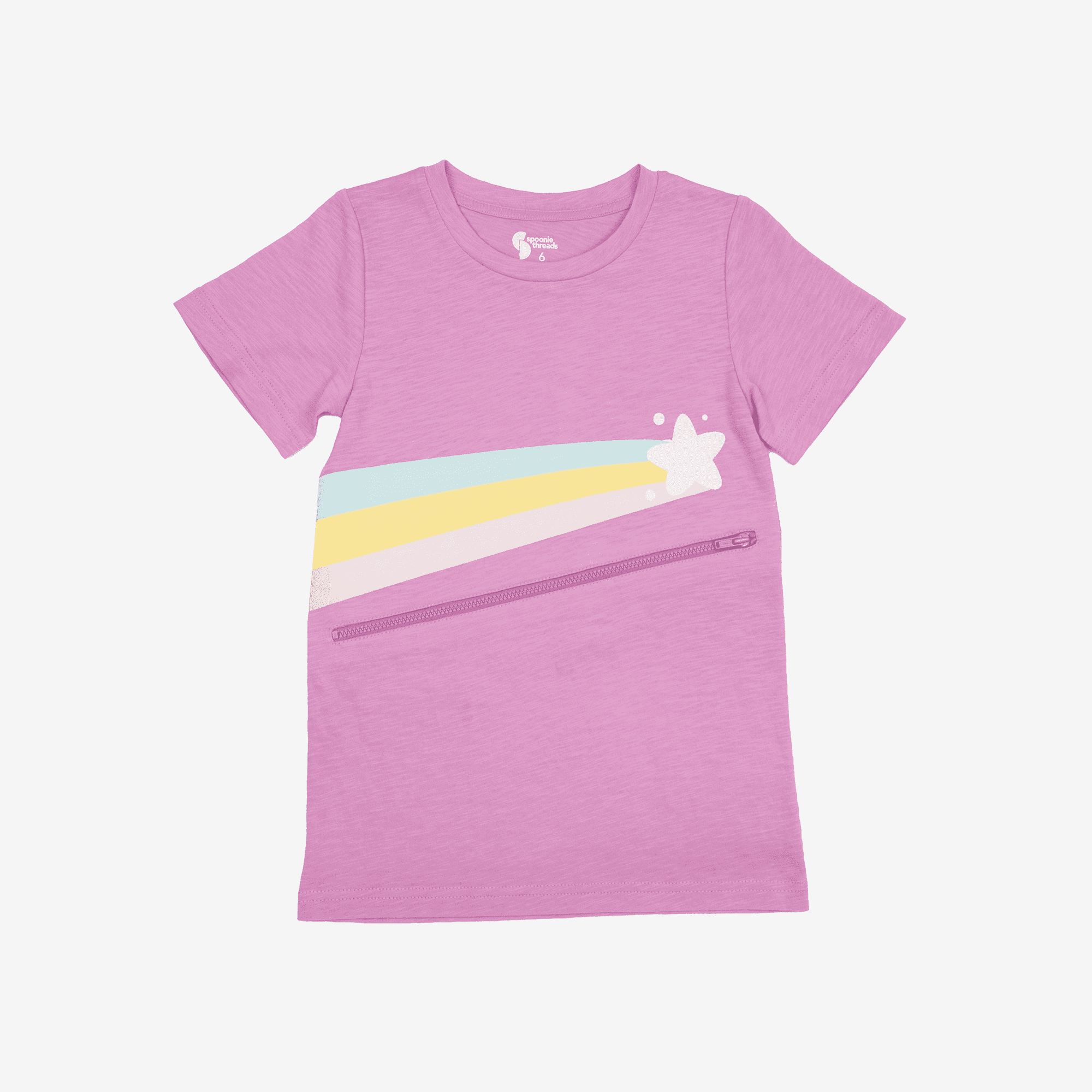 Spoonie Threads Pink Shooting Star G-Tube Zip Shirt Tummy Access Tee, Diagonal Abdominal Zipper T-shirt by Spoonie Threads