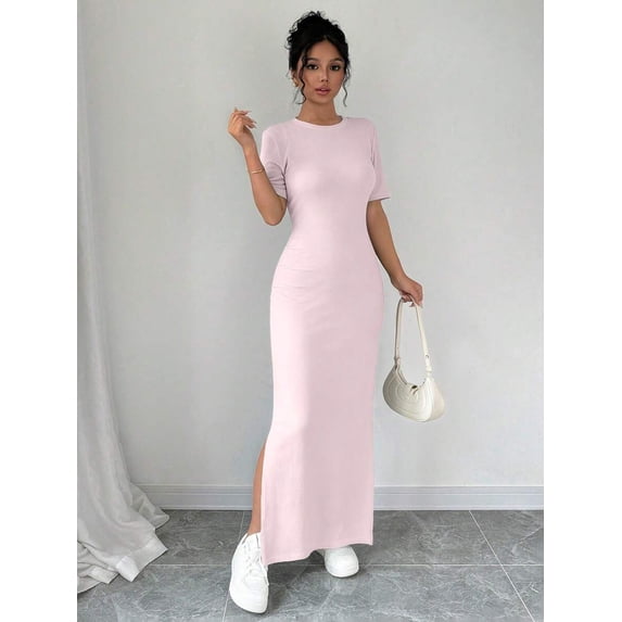 Pink Short Sleeve Bodycon Maxi Dress With Side Slit Elegant Long Dress For Women