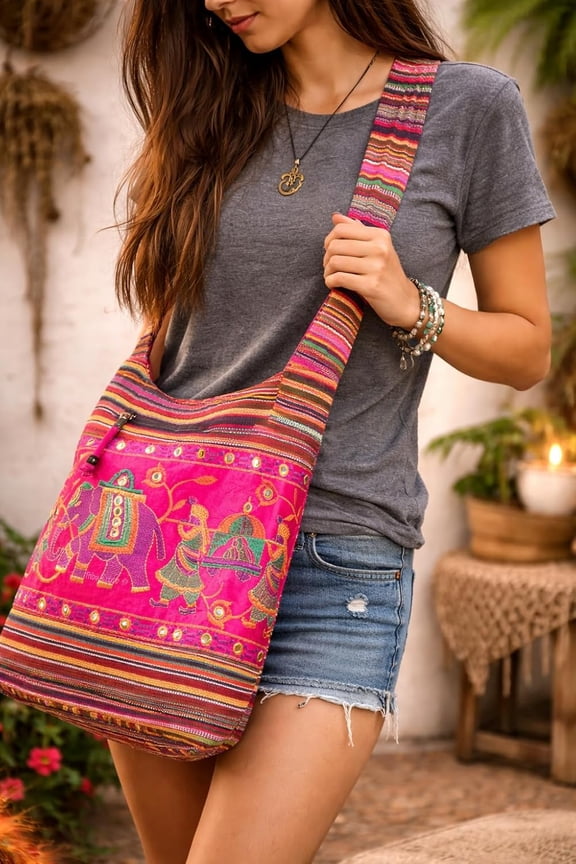 Pink Shoulder Bag Handmade Embroidered Elephant Boho Bohemian Hippie Tote Gypsy Beach Bag