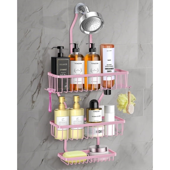 Pink Shower Caddy for Bathroom - Never Rust Hanging Shower Organizer with Soap Basket and Hooks - Large Capacity 3 Tier Aluminum Over The Showerhead Caddy