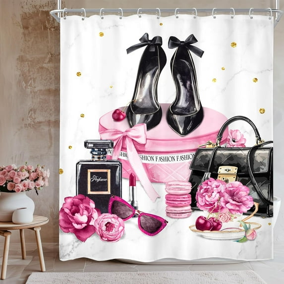 Pink Shower Curtain 60Wx72H Inch Fashion Perfume Peony Bottle Girly Women Black White Striped Flower Inspirational Quotes for Girls Bathroom Decor Fabric Polyester Waterproof 12 Pack Hooks