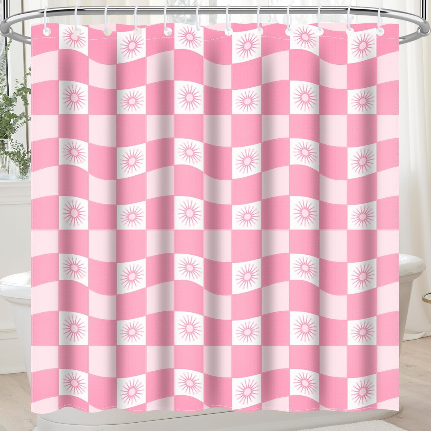 Pink Shower Curtain for Bathroom Cute Checkered 70S Abstract Retro ...