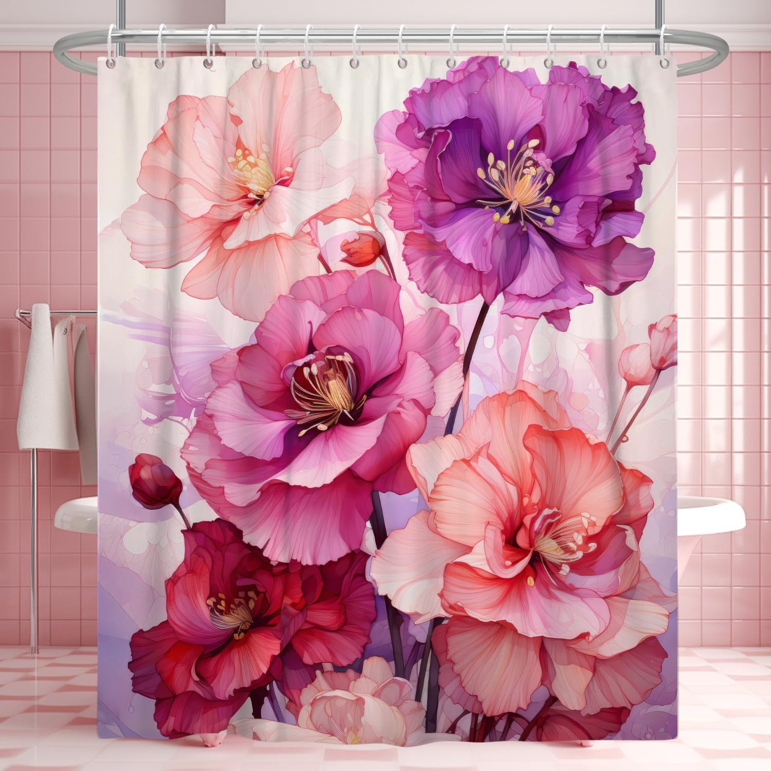 Pink Shower Curtain for Bathroom Rose Pink Floral Shower Curtain Set with Hooks Abstract Purple Pink Flowers Bathtub Decor Waterproof Fabric Curtains 54"W x 78"L (Pack of 1)