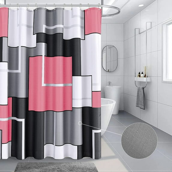 Pink Shower Curtain Black and White Shower Curtains for Bathroom Fabric Grey Shower Curtain Geometric Bath Curtains Decorative Gray Shower Curtain Set with Hooks Water Repellent, 72x72, Pink