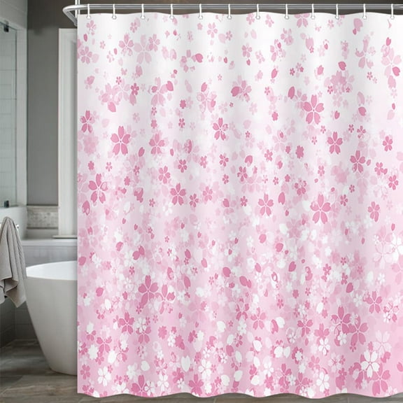 Pink Shower Curtain, Cherry Blossom Floral Shower Curtains, Sakura Flower Decorative Fabric Bathroom Curtain Set with Hooks, 70X70 Inches