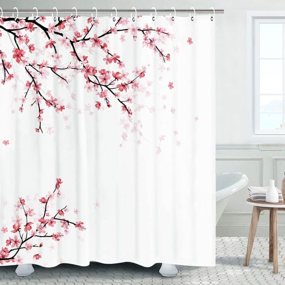 Pink Shower Curtain, Cherry Blossom Shower Curtain Pink Floral Shower Curtain with 12 Hooks Sakura Fabric Bath Curtain Decorative Japanese Shower Curtain, 72" X 84"