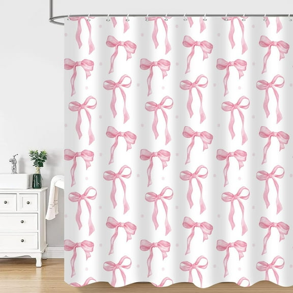 Pink Shower Curtain, Cute Shower Curtain Bow Fabric Shower Curtains for Bathroom, Pink Shower Curtain Set Bow Bathroom Decor, Bow Curtains with Hooks 72x72 Inch