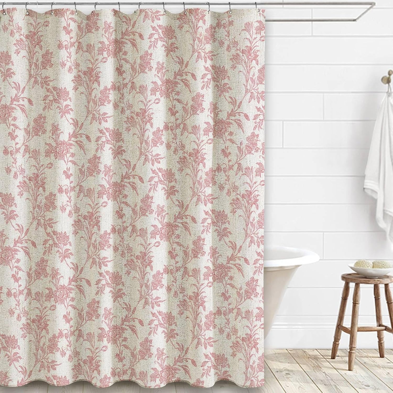 Blue Floral Cottagecore Shower Curtain – Cotton Linen Blend, 72x75 Inches, Rust-Proof Hooks Included