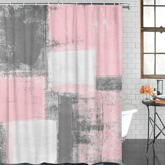 Pink Shower Curtain Lightweight Abstract Pink Shower Curtains with Hooks, Pink and Grey White Oil Painting Waterproof Bath Curtain for Bathroom,Pink Geometric Ombre Bathtub Decor 72 X 72 Inch