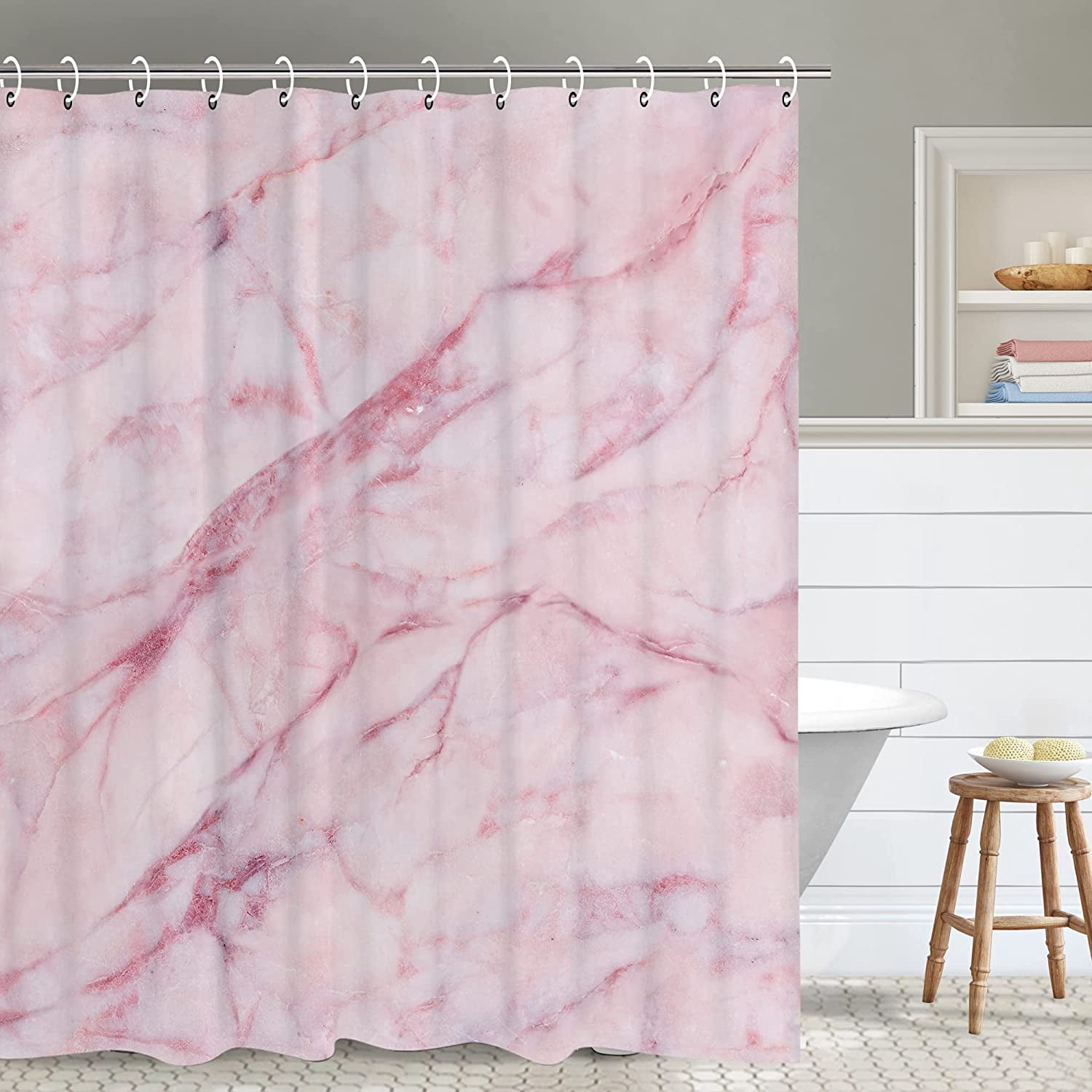 Cute Strawberry Shower Curtain 72x72 - Pink Fruit Print Bathroom Decor With 12 Hooks