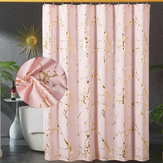 Pink Shower Curtain,Pink and Gold Marble Shower Curtains for Bathroom with Hooks,Unique Glitter Gold Printed,Waterproof,Washable-72"W x 72"L (Pack of 1)