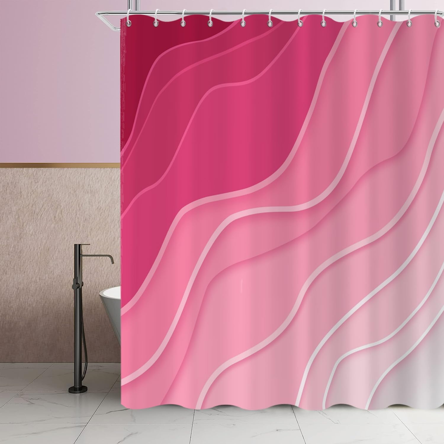Pink Shower Curtain, Pink White Ombre Aqua Beach Waves Abstract Ocean