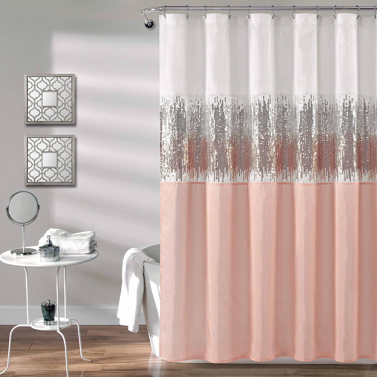Pink Shower Curtain Sequin Shimmery Fabric Shower Curtain Color Block