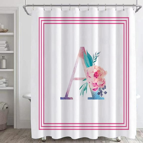 Pink Shower Curtain,White Fabric Shower Curtains for Bathroom,Watercolor Floral Art A Word Bath Curtain Sets with 12 Hooks 72x72in,Waterproof Fabric
